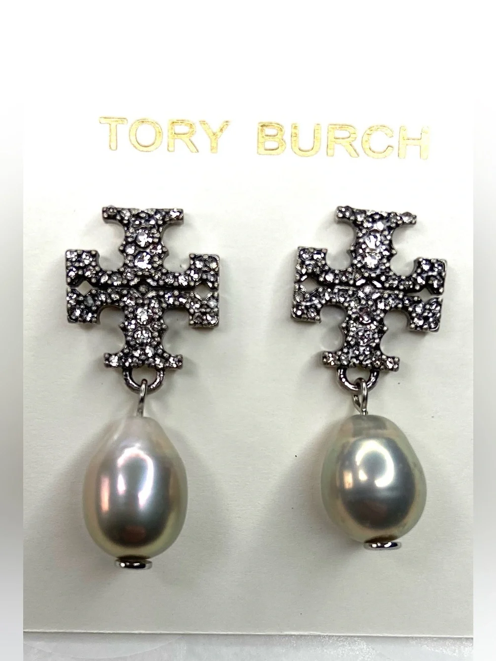 Tory Burch Silver Crystal Logo Drop Earrings with fresh water Pearls